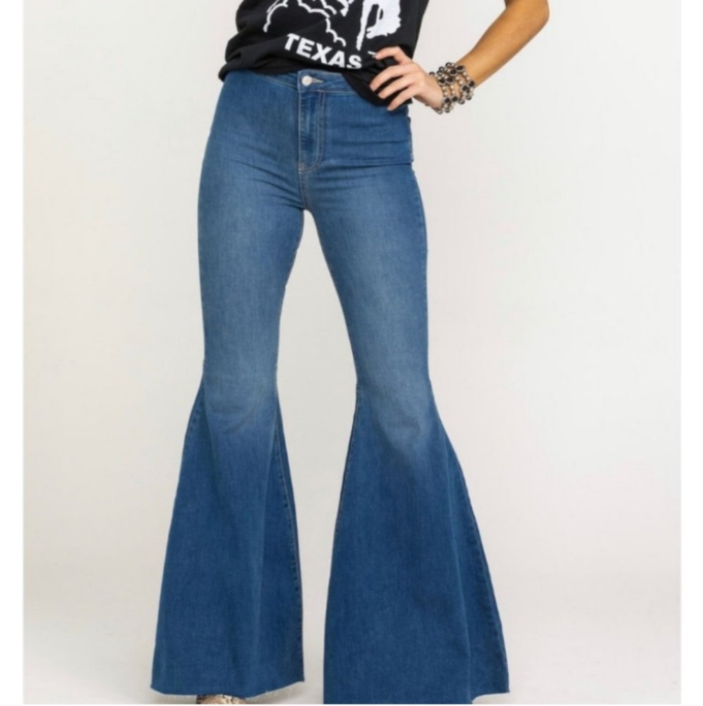 Free People High-Rise Wide Leg Flare Jeans in Medium Blue